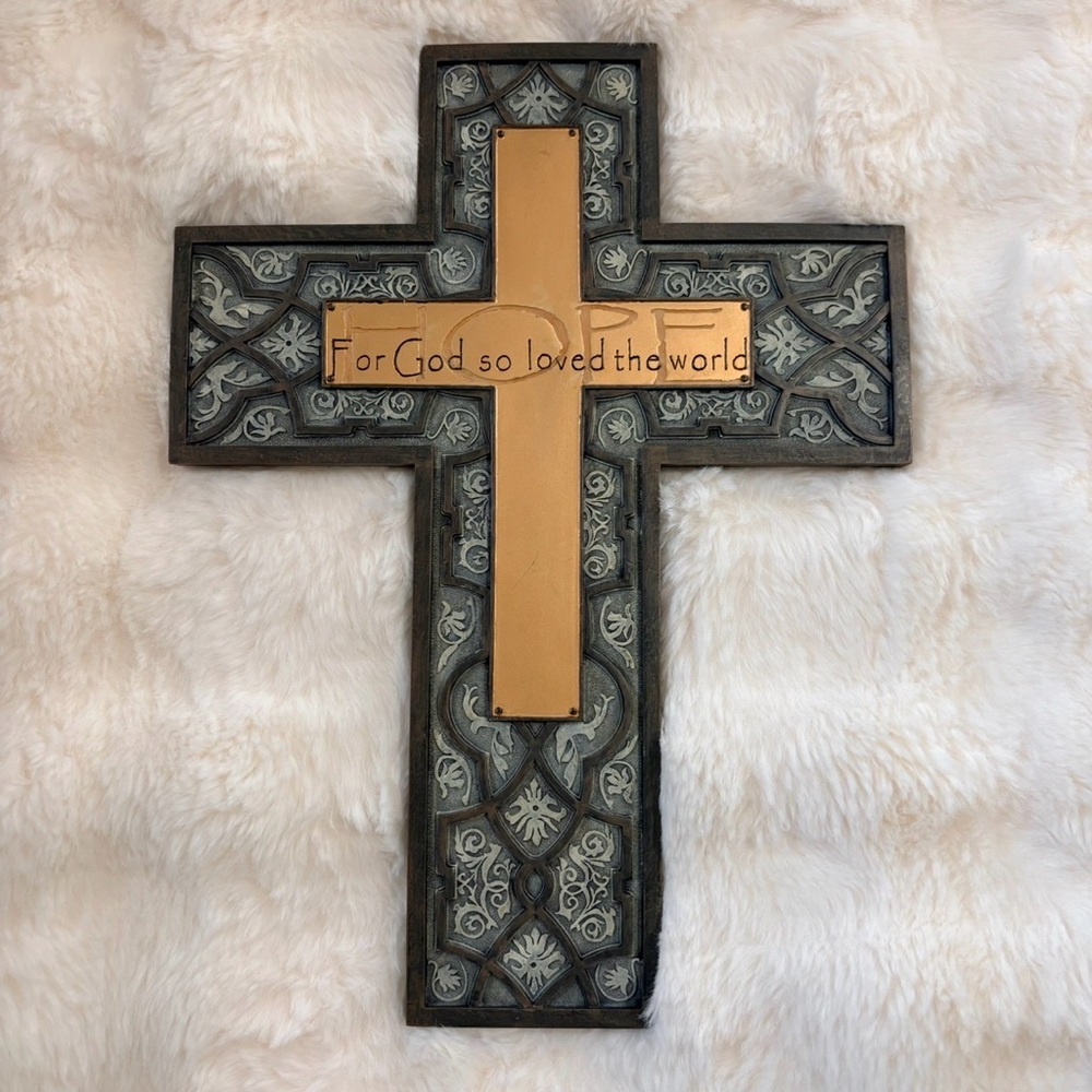 Retired Demdaco by Bill Stross Inspirational Cross Wall Art with Gold and Green